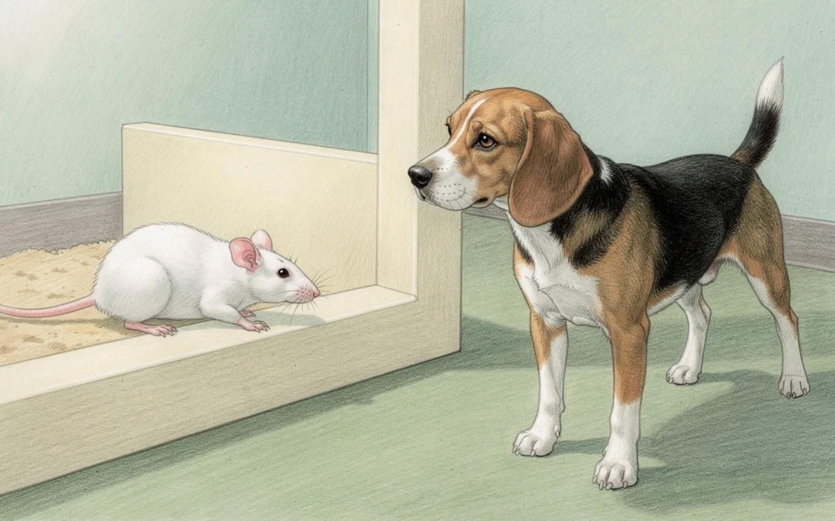 A beagle and a white laboratory rat appear in separate observation spaces in a painted research scene.