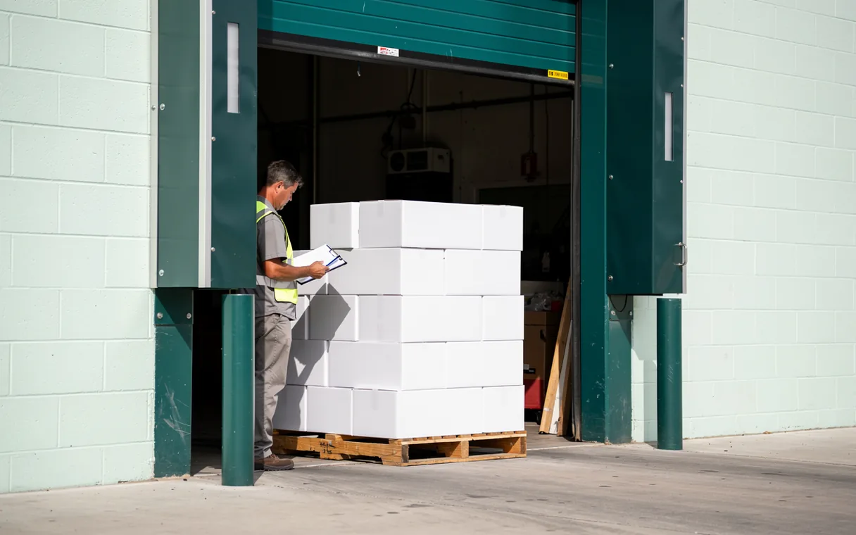 A freight worker checks a plain pallet at a daylight receiving dock with a teal loading door.