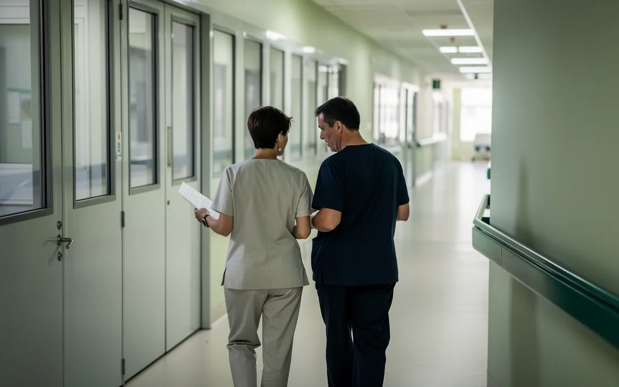 Two hospital staff walk along a quiet pale corridor beside closed intensive-care doors.