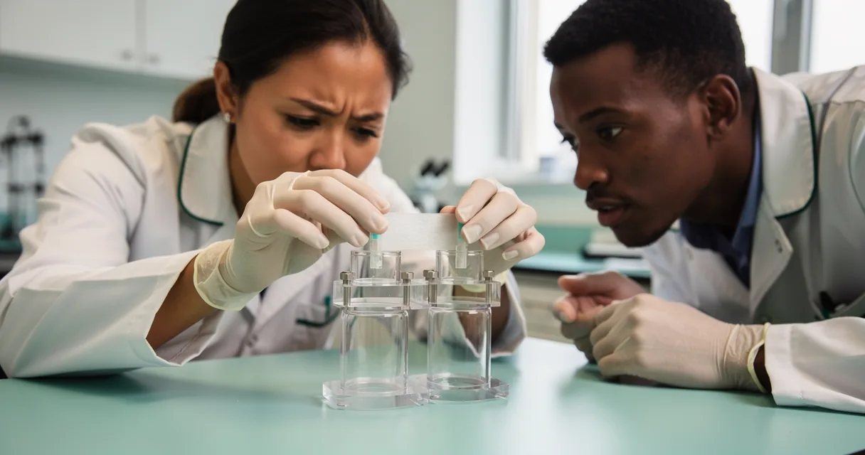 Two laboratory technicians fit a thin membrane between glass chambers on a pale teal bench.