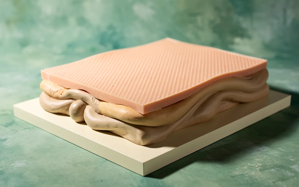 A sculpted skin teaching model shows a thin ridged surface above a thicker supporting layer.